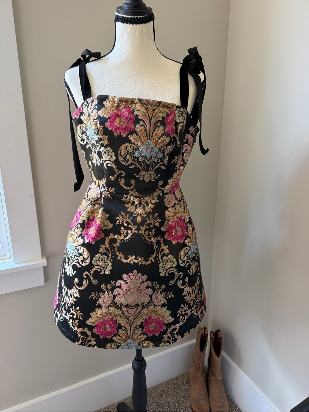 Lulu's Black Floral Brocade Tie-Shoulder Mini Dress with Pink & Gold Accents